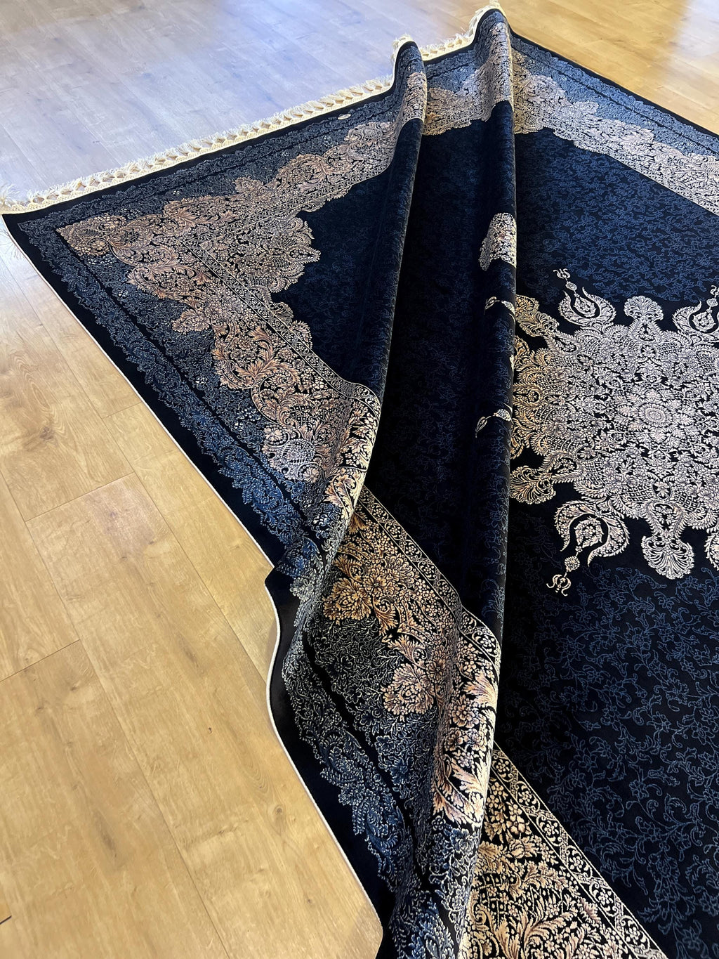 7x10 ft Navy Silk Rug, Classic Medallion Design, Luxury Turkish Carpet