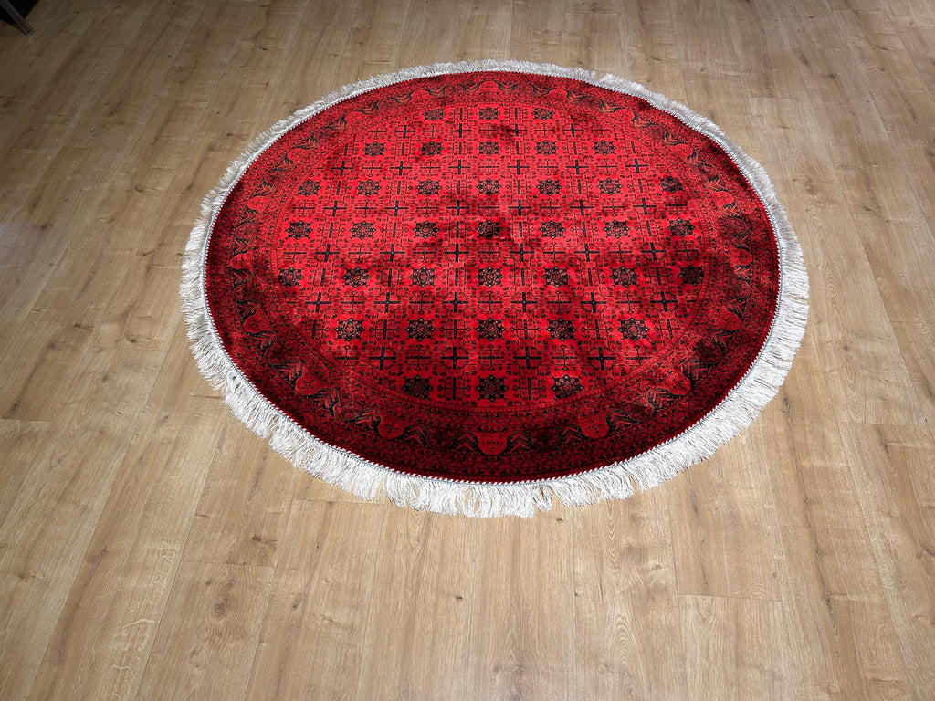 5x5 Ft Red Silk Round Rug, Ethnic Pattern Turkish Silk Carpet, Traditional Design