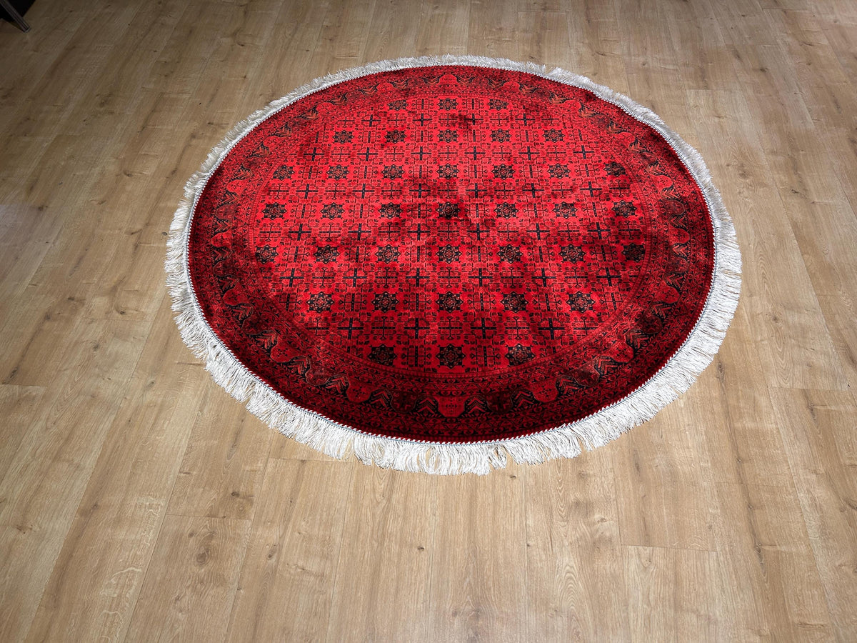 5x5 Ft Red Silk Round Rug, Ethnic Pattern Turkish Silk Carpet, Traditional Design