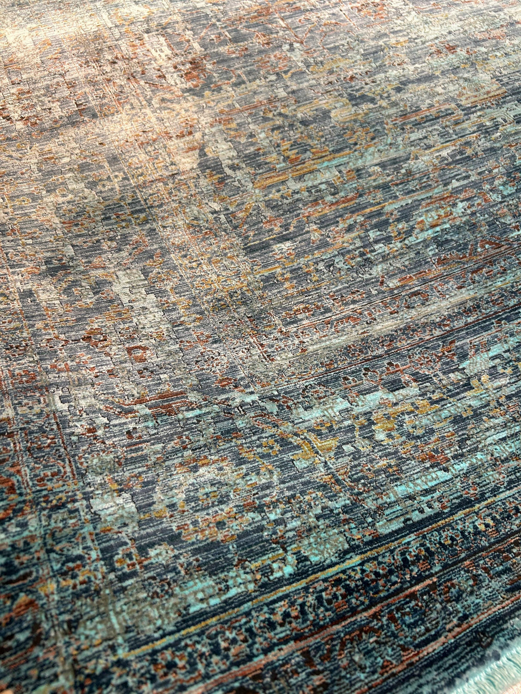 7x10 ft Turquoise Bamboo Rug, Distressed Pattern, Modern Rug