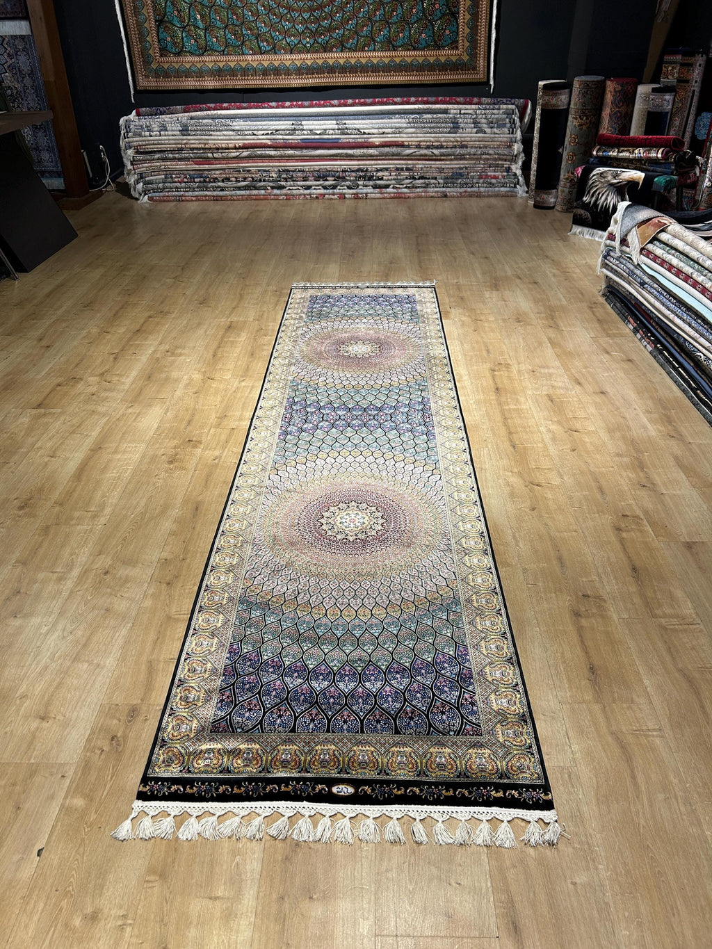 Blue Gold Silk Runner Rug, Medallion Peacock Tail Design Rug, Traditional Carpet