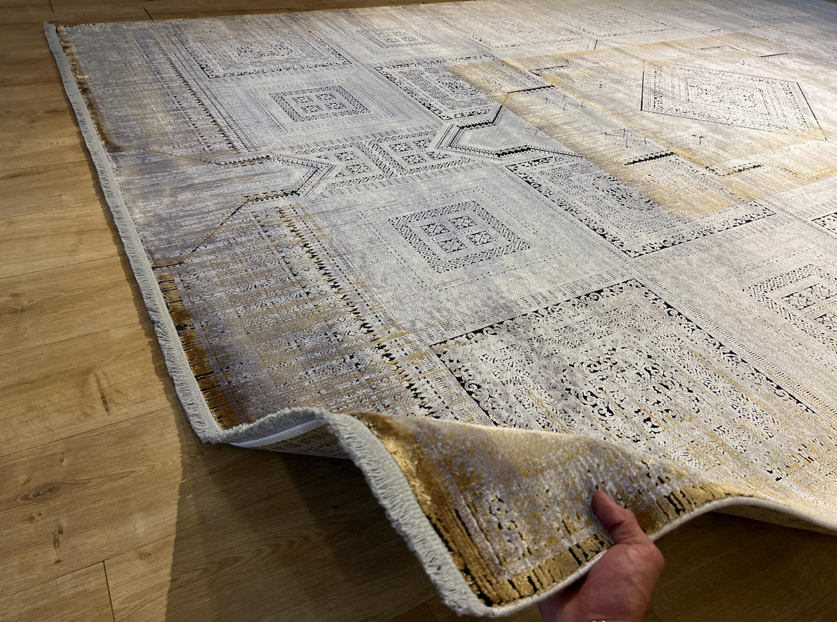 8x11 ft Gray Yellow Geometric Bamboo Rug with Ethnic Patterns, Modern Natural Carpet