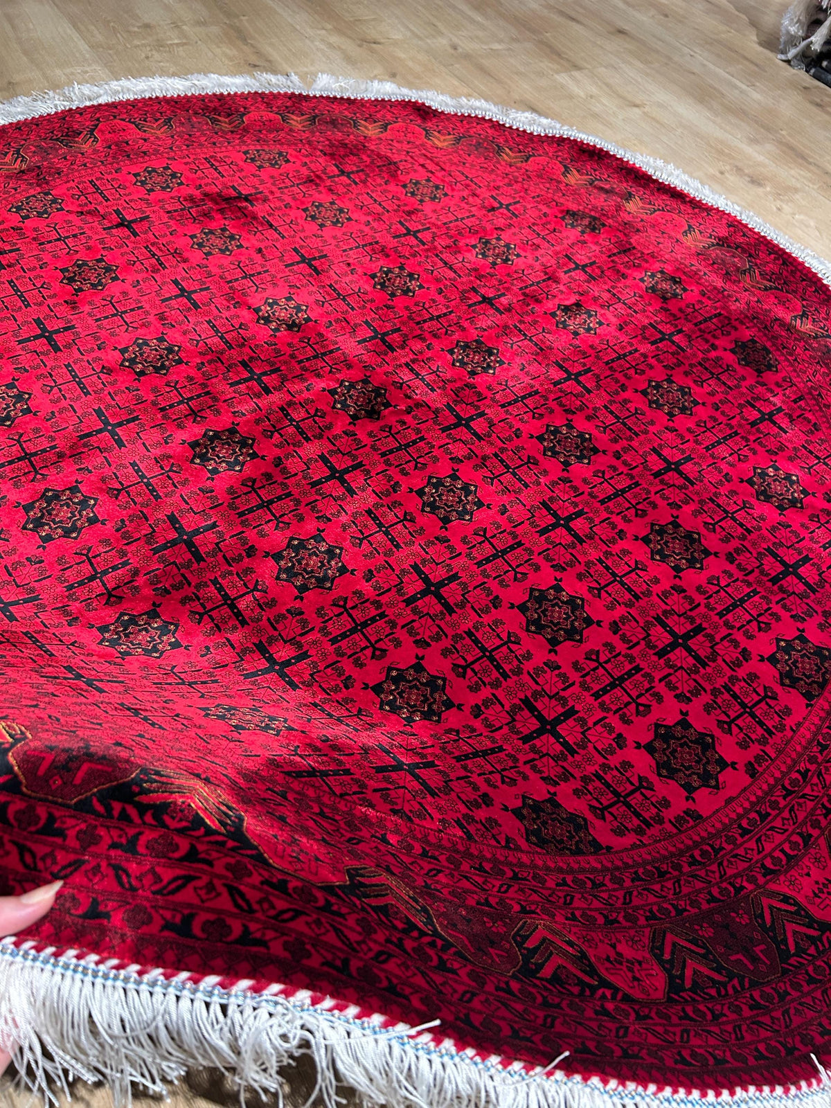 5x5 Ft Red Silk Round Rug, Ethnic Pattern Turkish Silk Carpet, Traditional Design