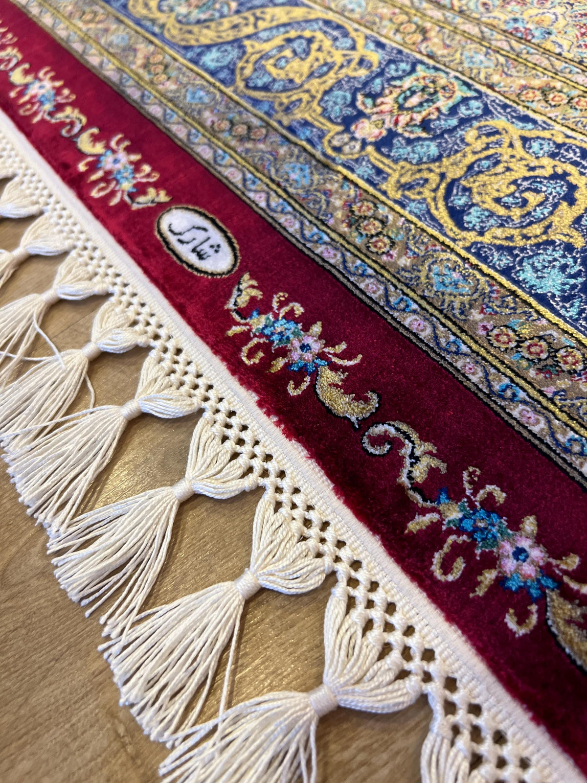 Red Silk Rug with Blue Medallion Pattern, Small Silk Carpet