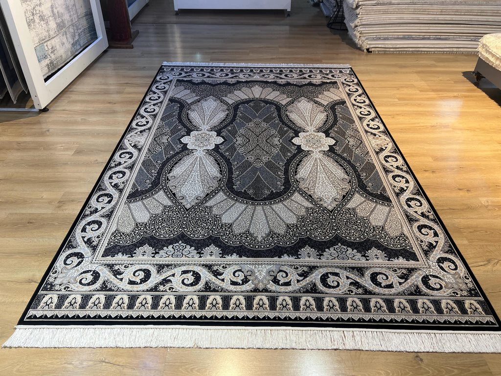Black Silk Area Rug with Elegant Classic Motifs, Oversize Rug