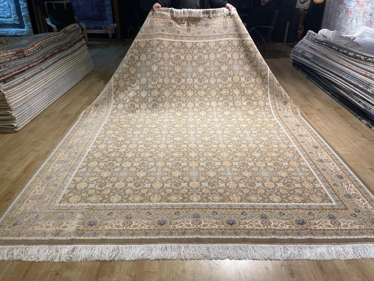 Beige Silk Rug, Cream Floral Design With Elegant Border, Luxury Area Rug