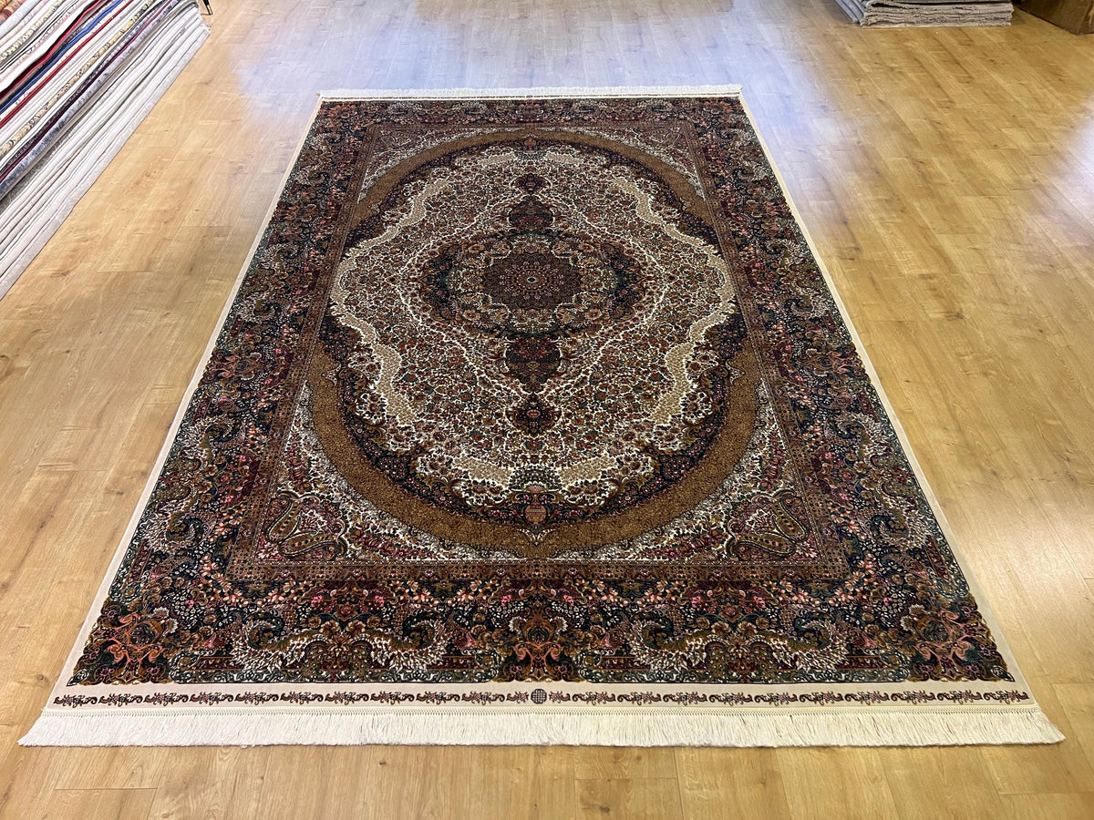 7x10 ft Ivory Silk Rug with Colourful Floral Medallion, Classic Luxury Carpet