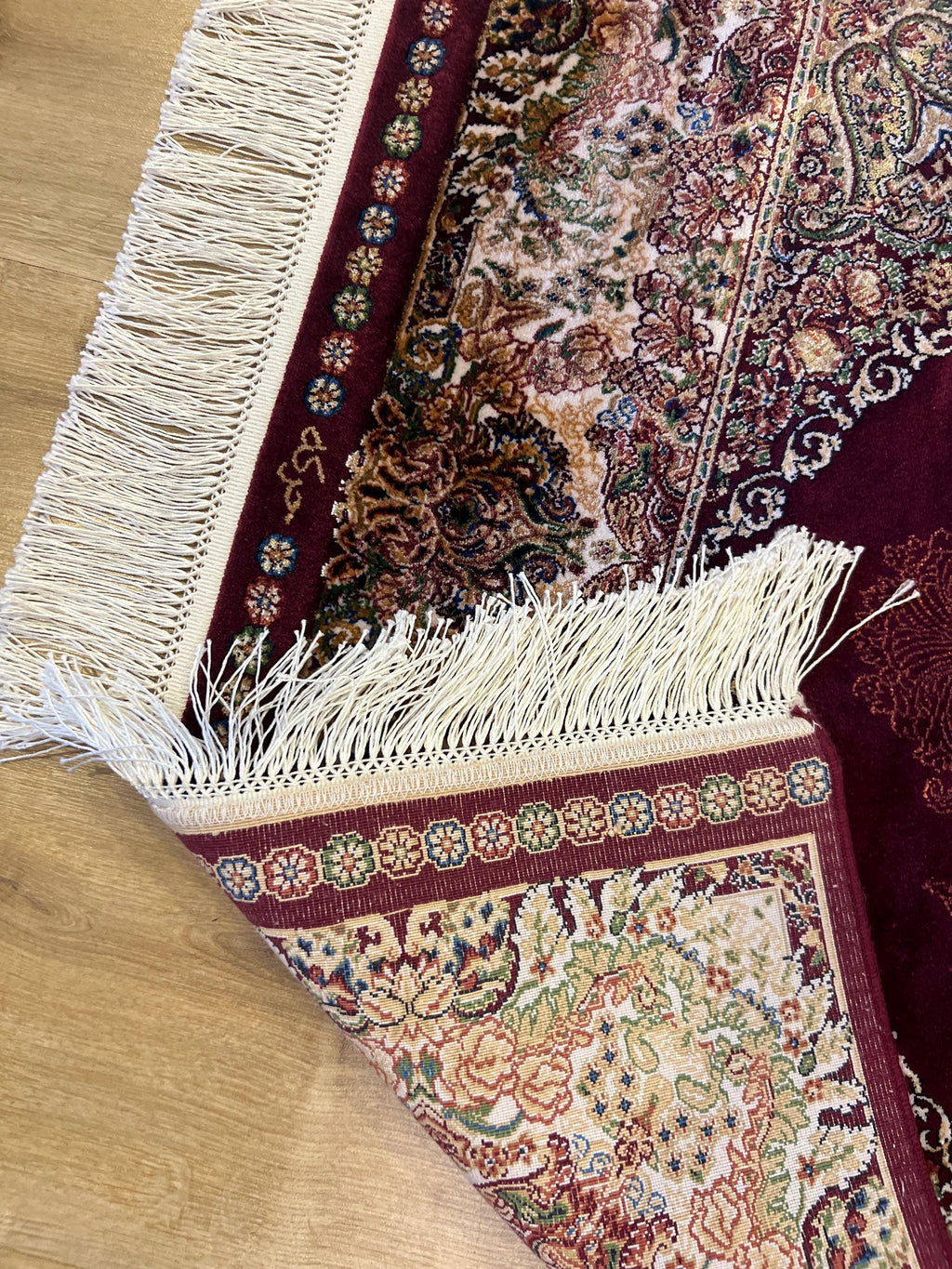 Red Silk Rug with Gold and Green Medallion, 3x5 ft, Classic Small Rug