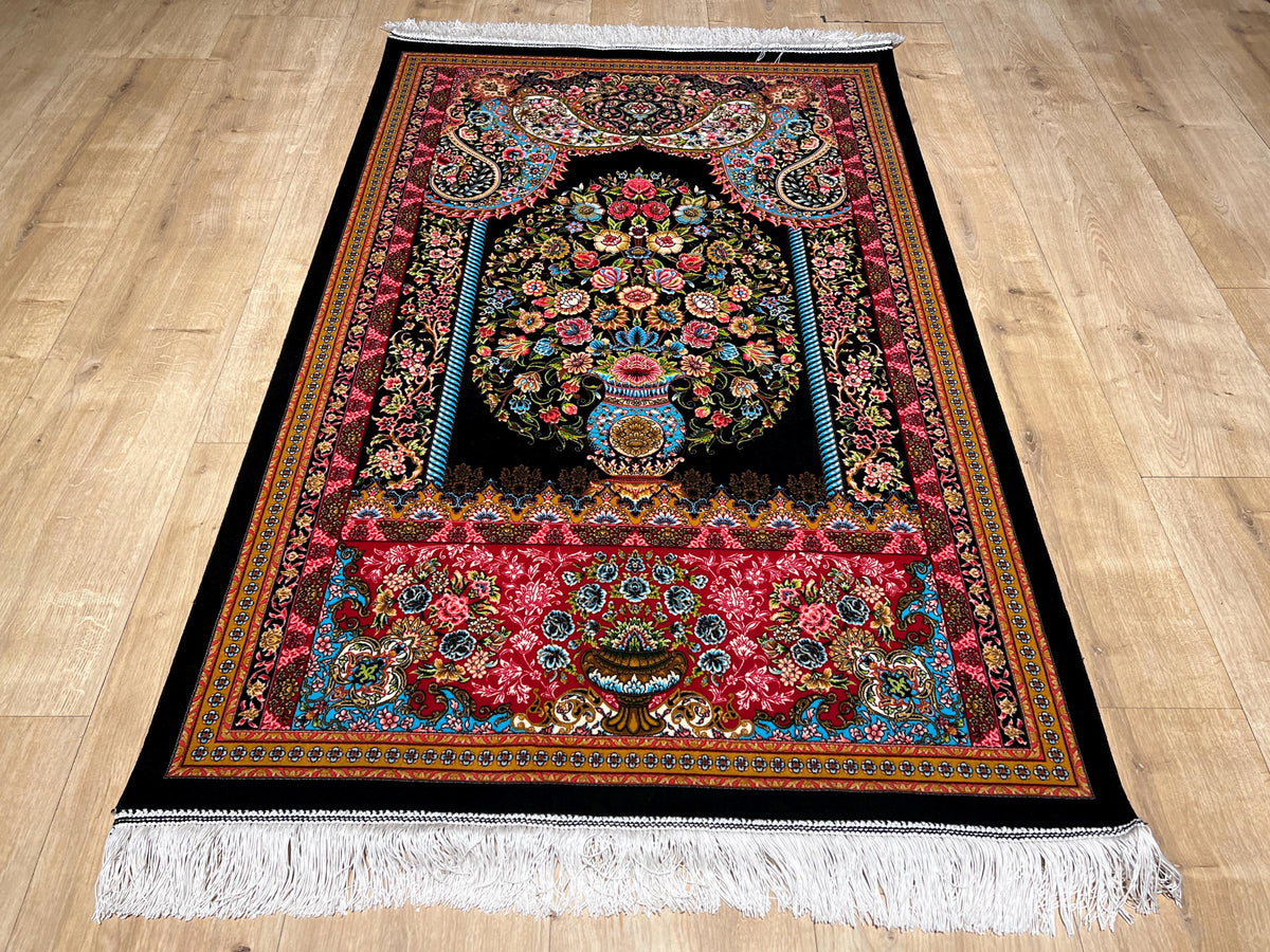 Black Small Silk Rug, Vase Pattern Wall Decor Mat, Floral Tapestry