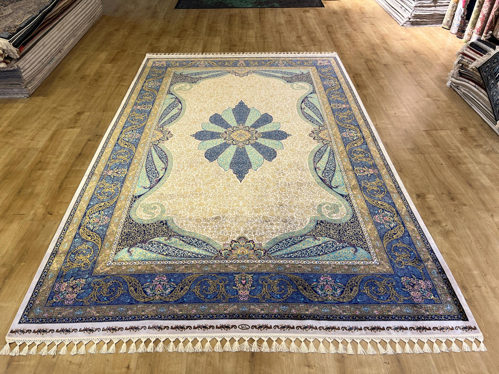 Ivory Silk Rug, Gold Blue Medallion, Classic Traditional Style Carpet
