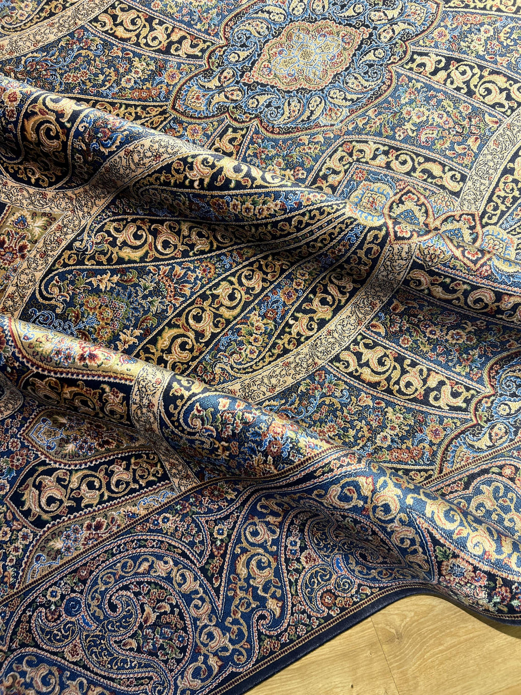 7x10 ft Blue Gold Silk Rug, Classic Turkish Carpet, Luxury Floral Design, Area Rug