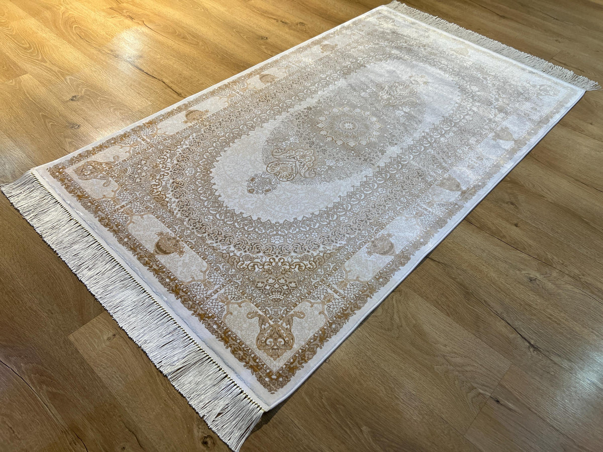 Cream Gold Medallion Silk Rug, 3x5 ft, Classic Luxury Small Area Rug