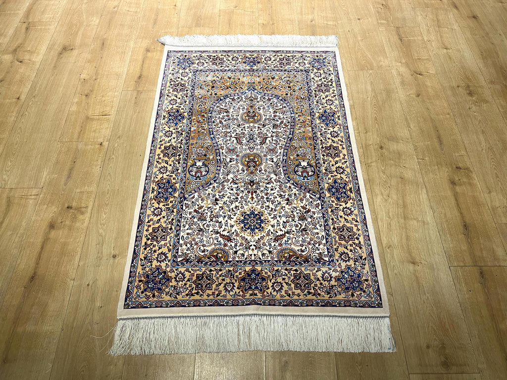 2.62x4.10 Ft Ivory Beige Silk Prayer Rug With Floral Design, Muslim Gift Prayer Mat