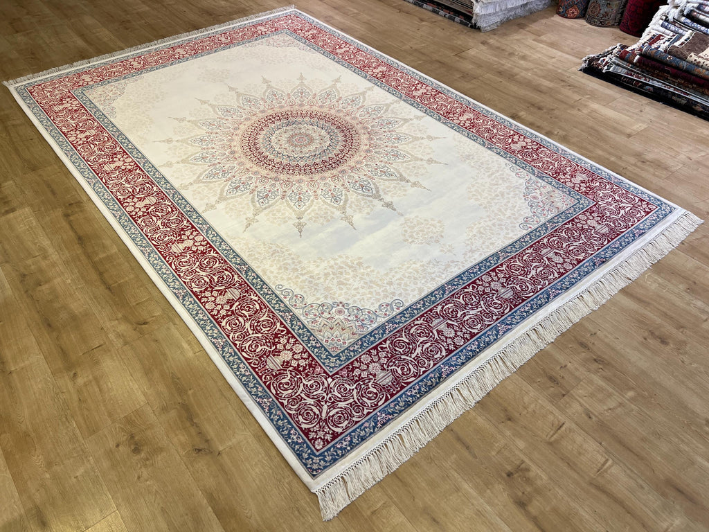 7x10 ft Cream Silk Rug with Red Blue Medallion and Border