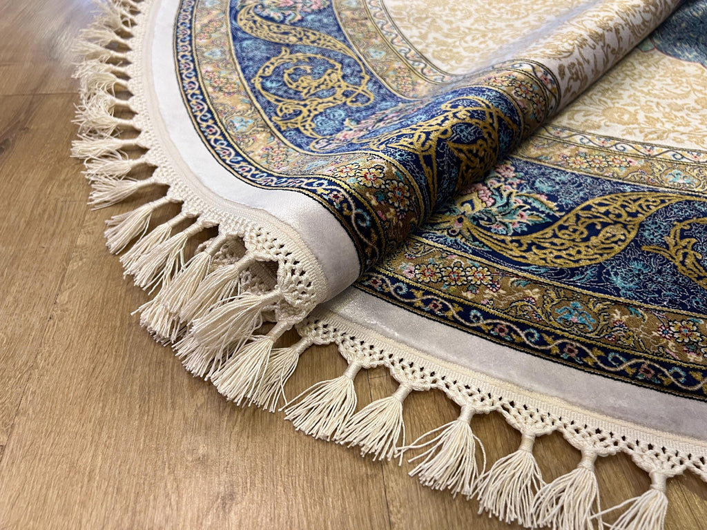 Ivory Silk Rug, Gold Pattern With Blue Medallion, Classic Luxury Area Rug