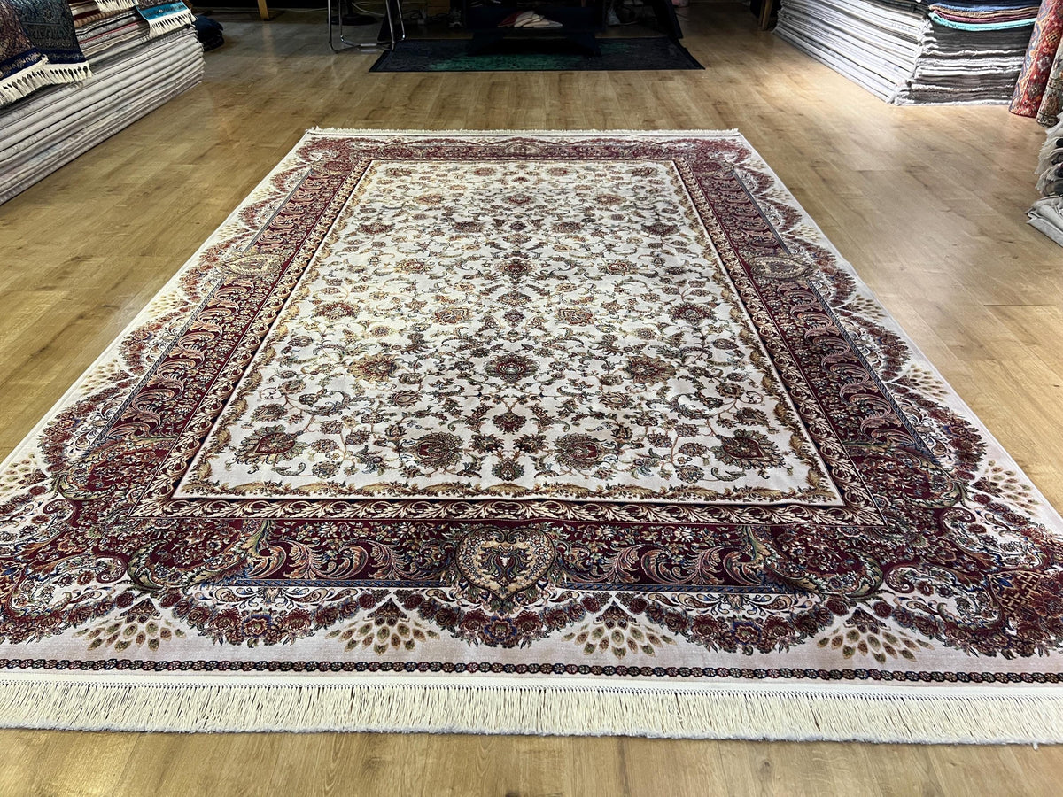 7x10 ft Ivory Silk Rug, Gold Floral and Red Border Silk Carpet, Classic Design