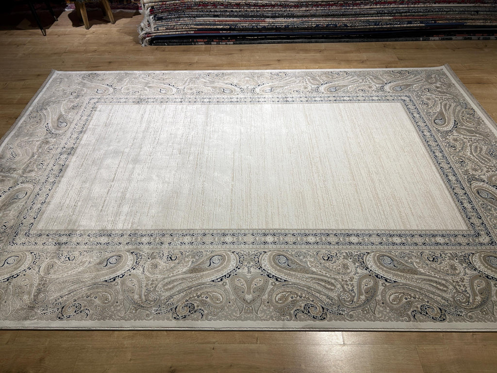 Cream Background Bamboo Rug with Beige Gray Navy Blue Border Design, Classic Home Decor