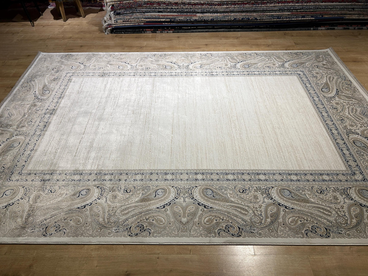 Cream Background Bamboo Rug with Beige Gray Navy Blue Border Design, Classic Home Decor