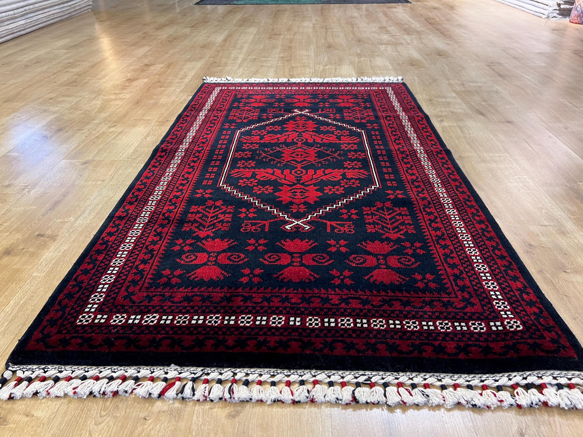 3x5 ft Dark Blue Red Carpet, Anatolian Style Rug, Turkish Pattern Carpet, Authentic Patterned