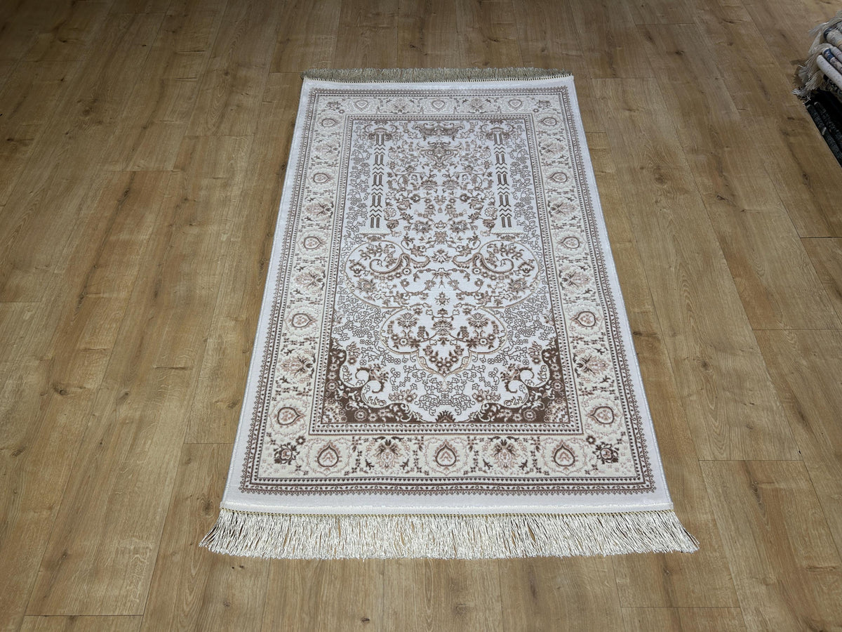 2.55x4.10 Ft Ivory Beige Brown Silk Prayer Rug, Muslim Gift Prayer Mat