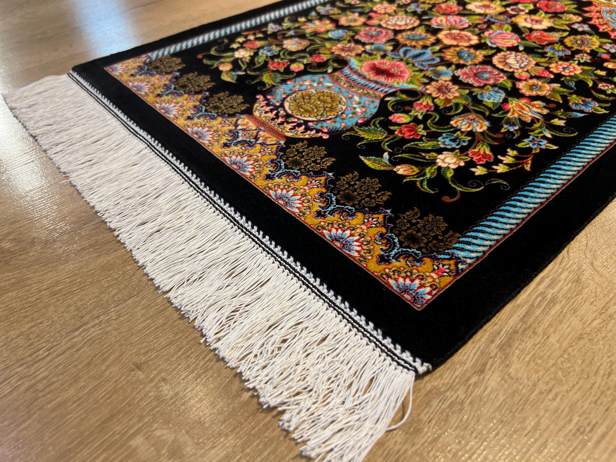 1.64x2.62 ft Black Floral Silk Tapestry Rug for Elegant Wall Decor