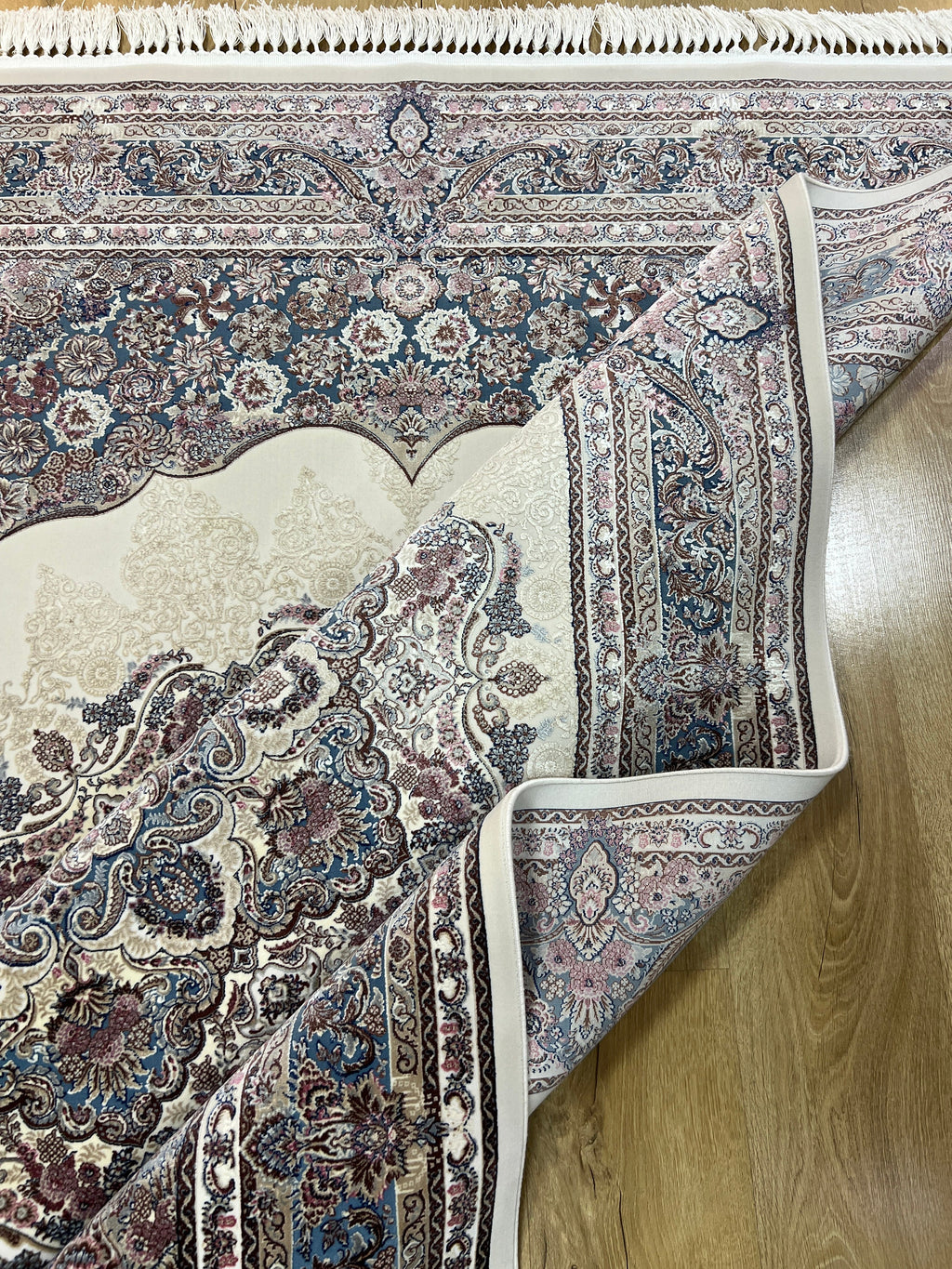 Ivory Blue Silk Rug, Medallion Design Luxury Carpet