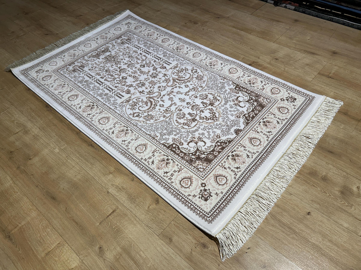 2.55x4.10 Ft Ivory Beige Brown Silk Prayer Rug, Muslim Gift Prayer Mat