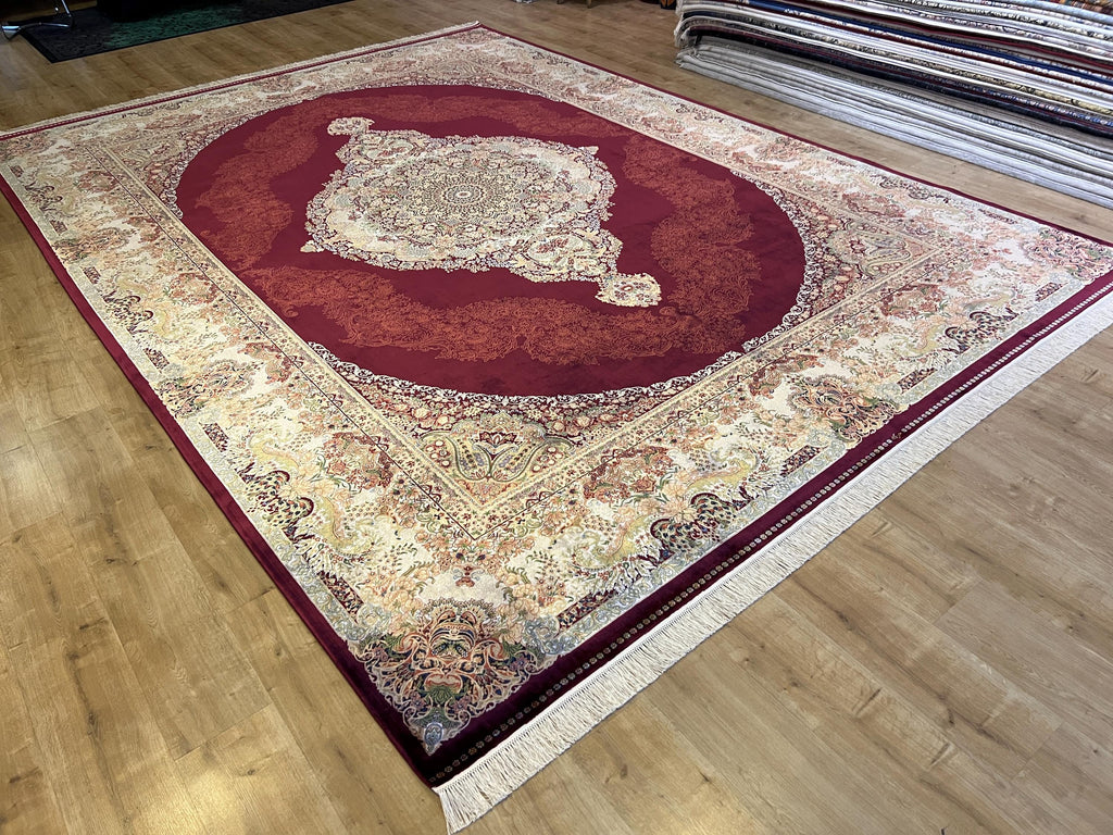 Red Gold Medallion Bamboo Silk Rug, 10x13 ft, Large Area Rug, Luxury Home Decor