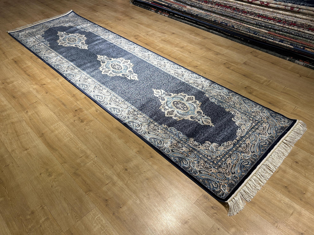 Blue Medallion Turkish Silk Runner Rug, Classic Luxury Hallway Rug