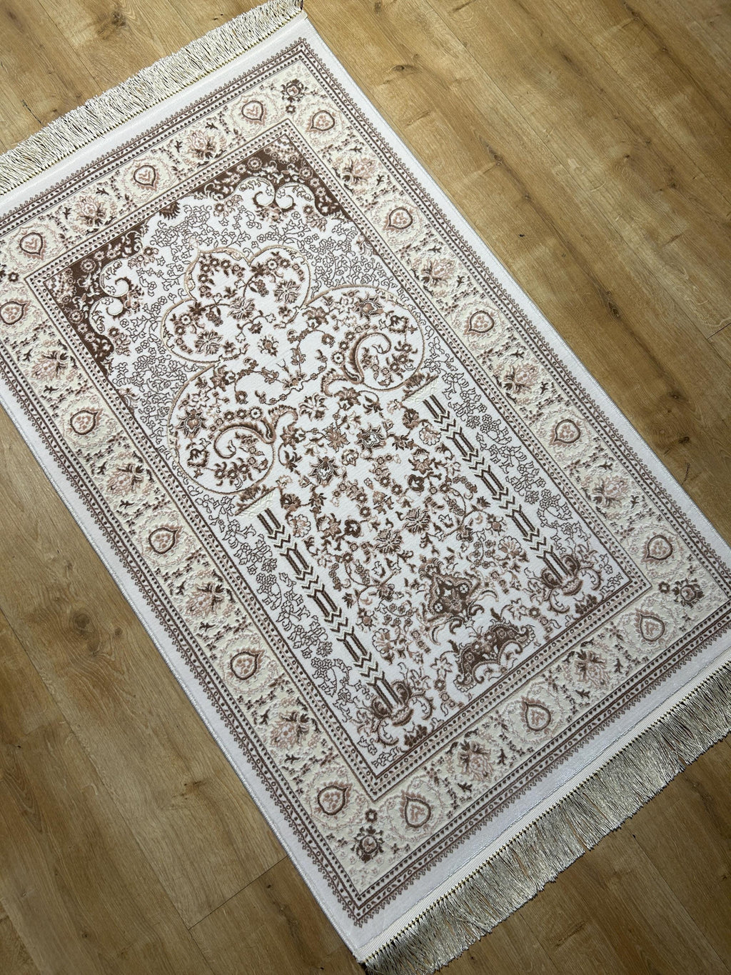 2.55x4.10 Ft Ivory Beige Brown Silk Prayer Rug, Muslim Gift Prayer Mat