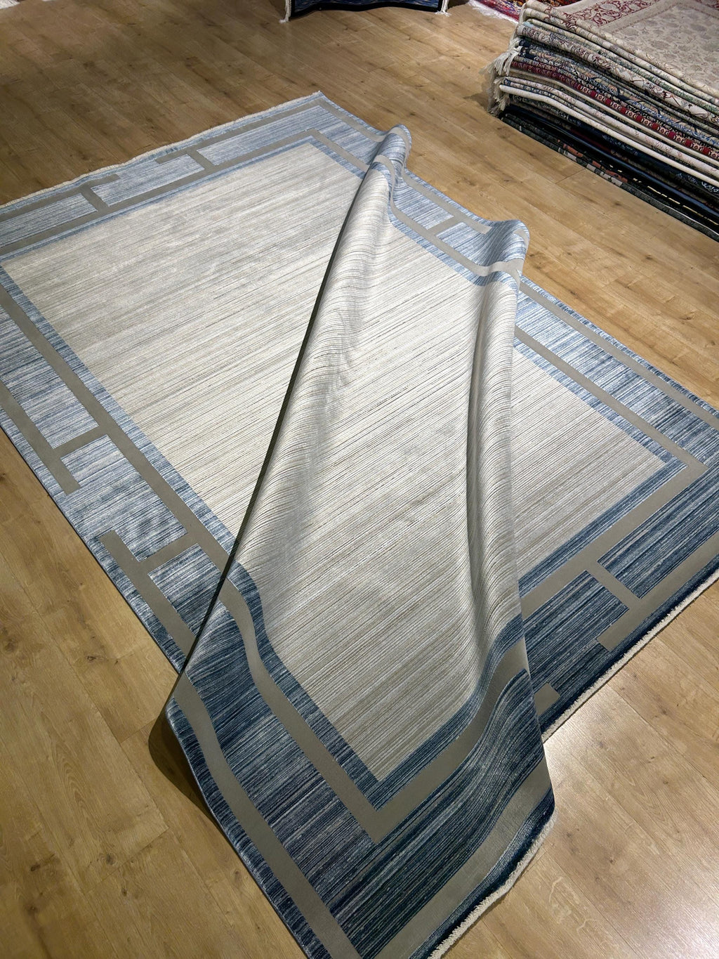 7x10 ft Blue Gray Beige Bamboo Rug, Bordered Minimalist Modern Rug, Oversize Carpet