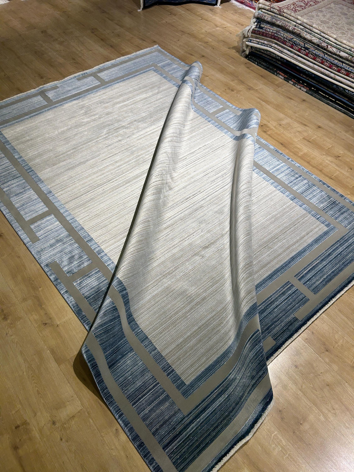 7x10 ft Blue Gray Beige Bamboo Rug, Bordered Minimalist Modern Rug, Oversize Carpet