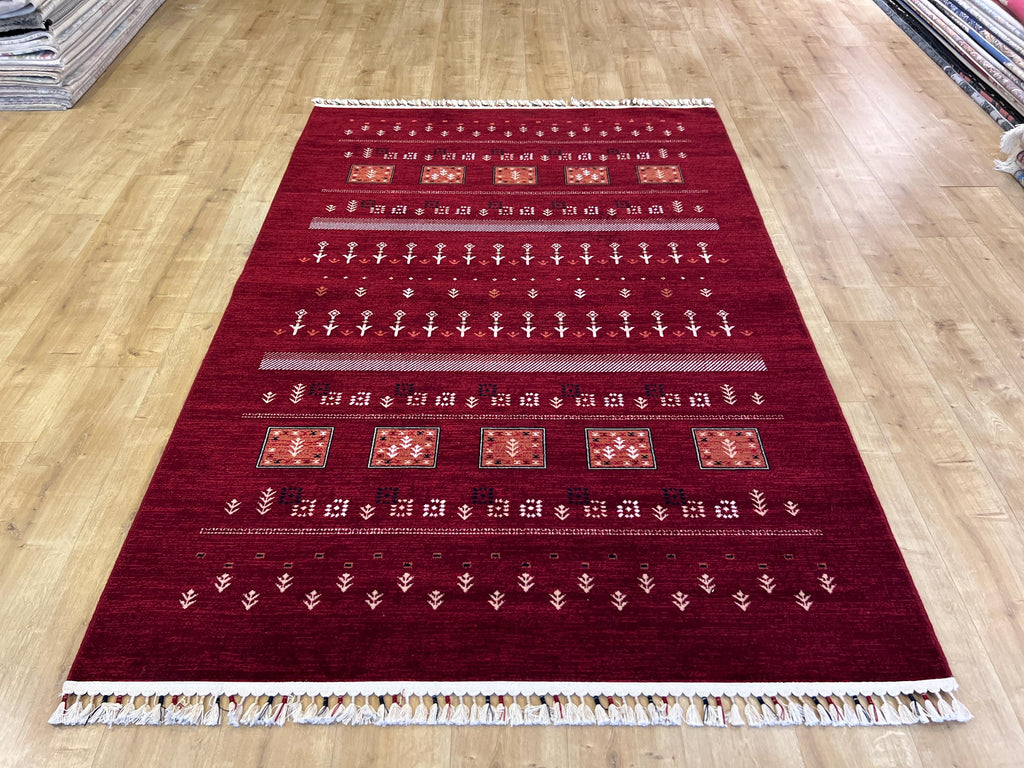 5x8 ft Red Wool Area Rug, Tree of Life Design, Ethnic Geometric Traditional Decor
