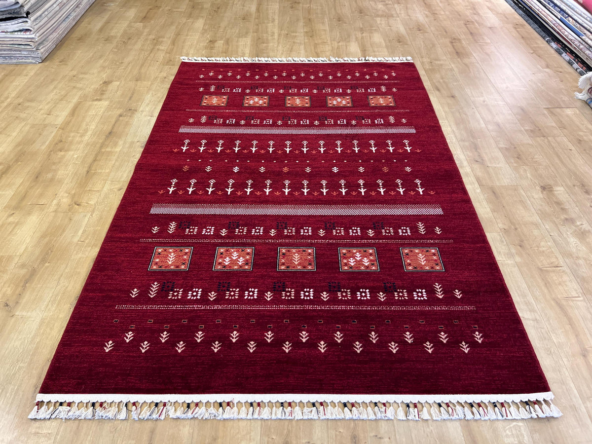 5x8 ft Red Wool Area Rug, Tree of Life Design, Ethnic Geometric Traditional Decor