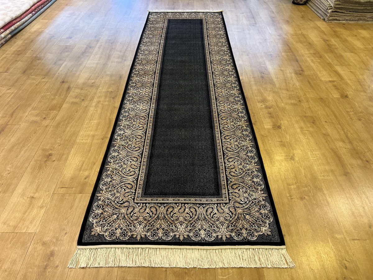 Black Silk Runner Rug with Framed Border, 3x10 ft, Classic Luxury Hallway Rug
