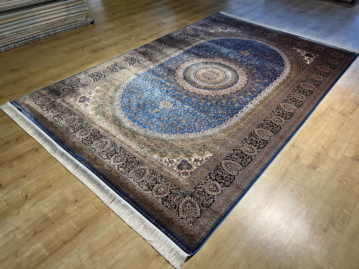 Blue Silk Rug 7x10 ft, Medallion Design Classic Turkish Carpet