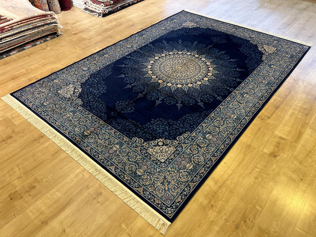 7x10 ft Elegant Navy Blue Silk Rug, Traditional Classic Medallion
