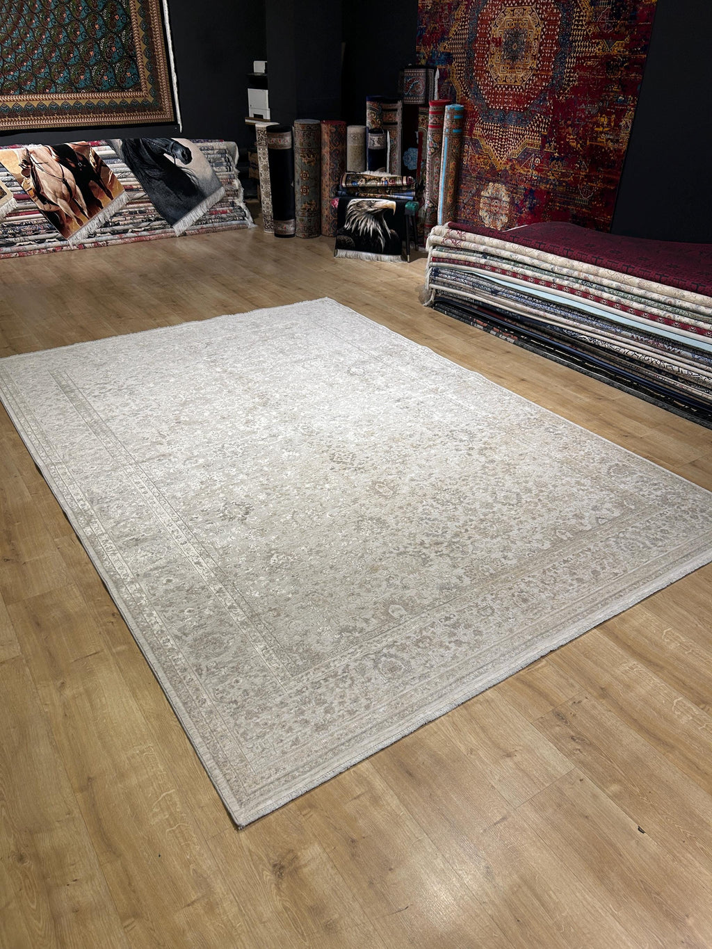 Gray Beige Floral Bamboo Rug with Ethnic Modern Patterns