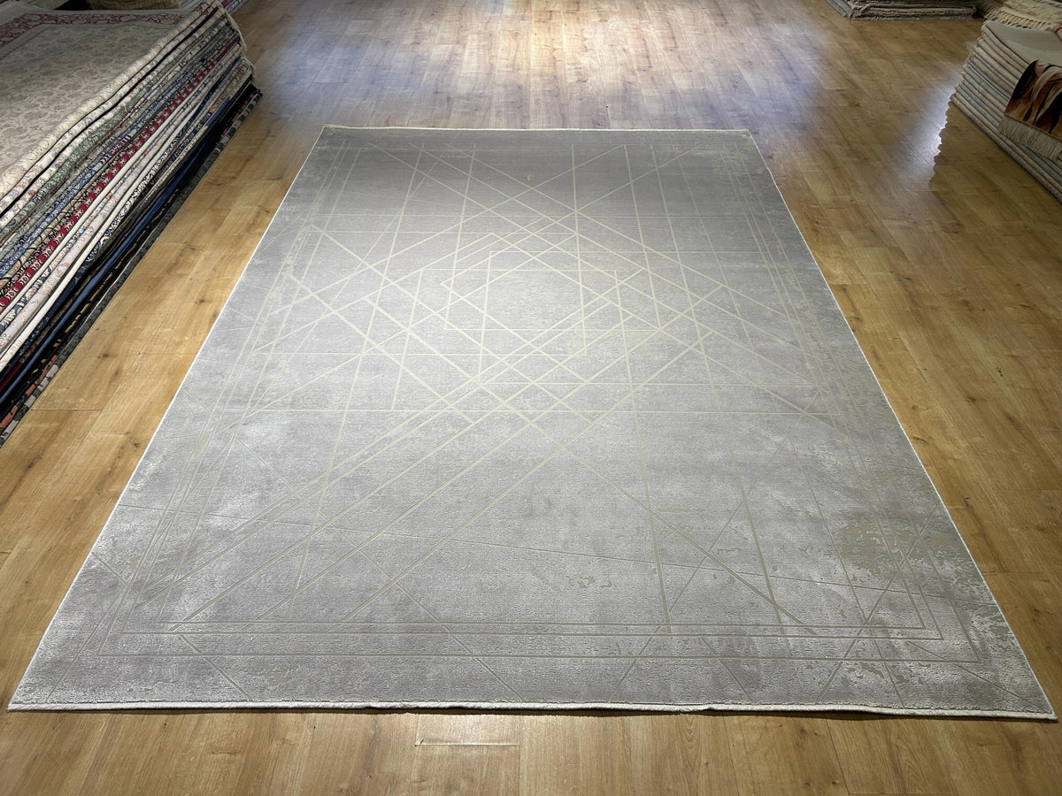 7x10 ft Gray Beige Bamboo Rug, Geometric Striped Pattern, Abstract Modern Area Rug