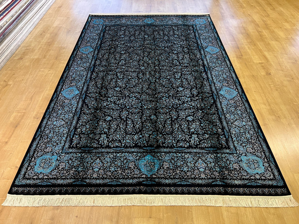 7x10 ft Black Blue Silk Rug, Floral Design Silk Carpet, Luxury Home Decor