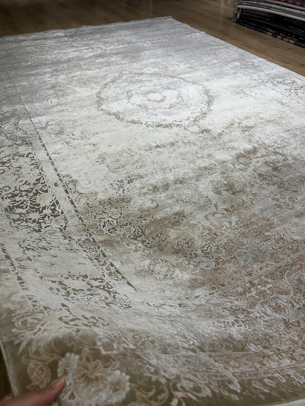 Light Brown Beige Silk Rug, Medallion Design Classic Silk Carpet