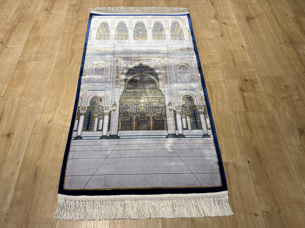 Gray Mosque Design Silk Prayer Rug with Blue Border