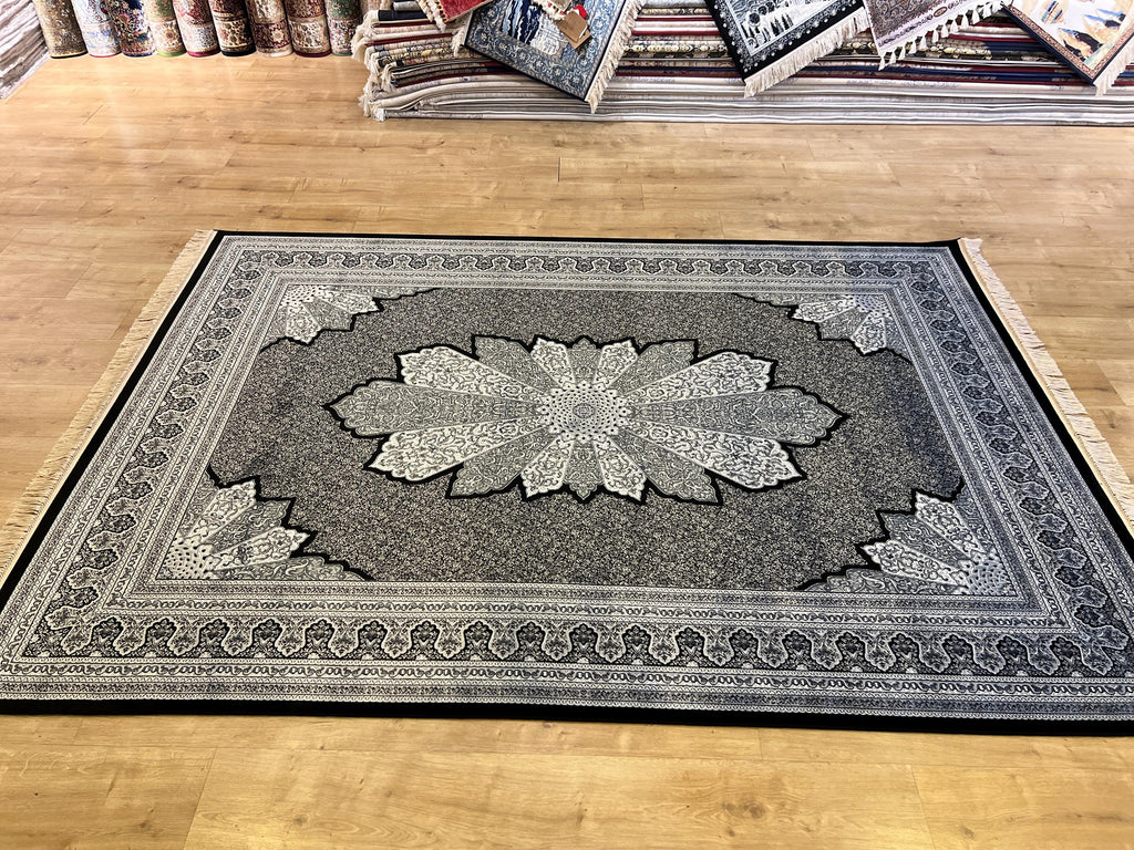 5x8 ft Black White Silk Rug, Traditional Medallion Design Rug , Luxury Home Decor