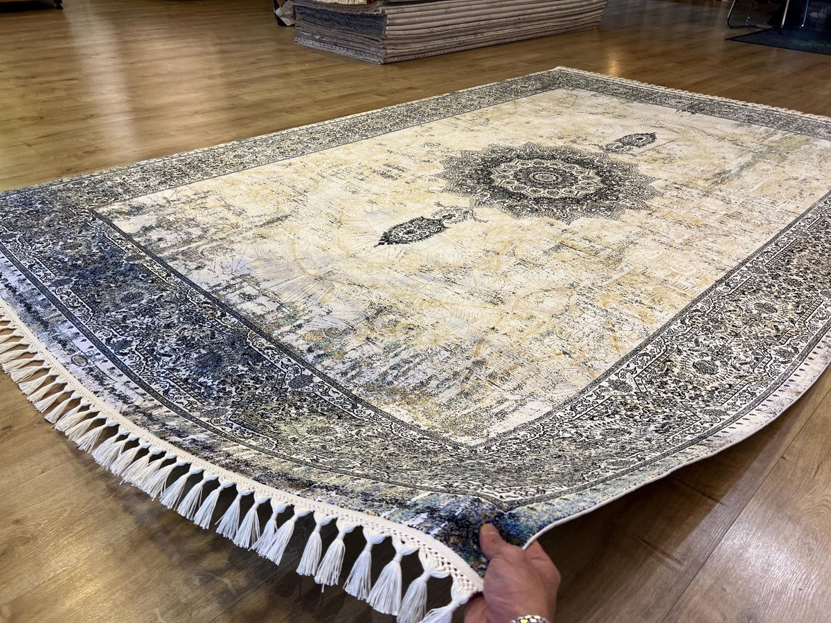 7x10 ft Cream Silk Rug, Gray Border Antique Medallion Classic Design