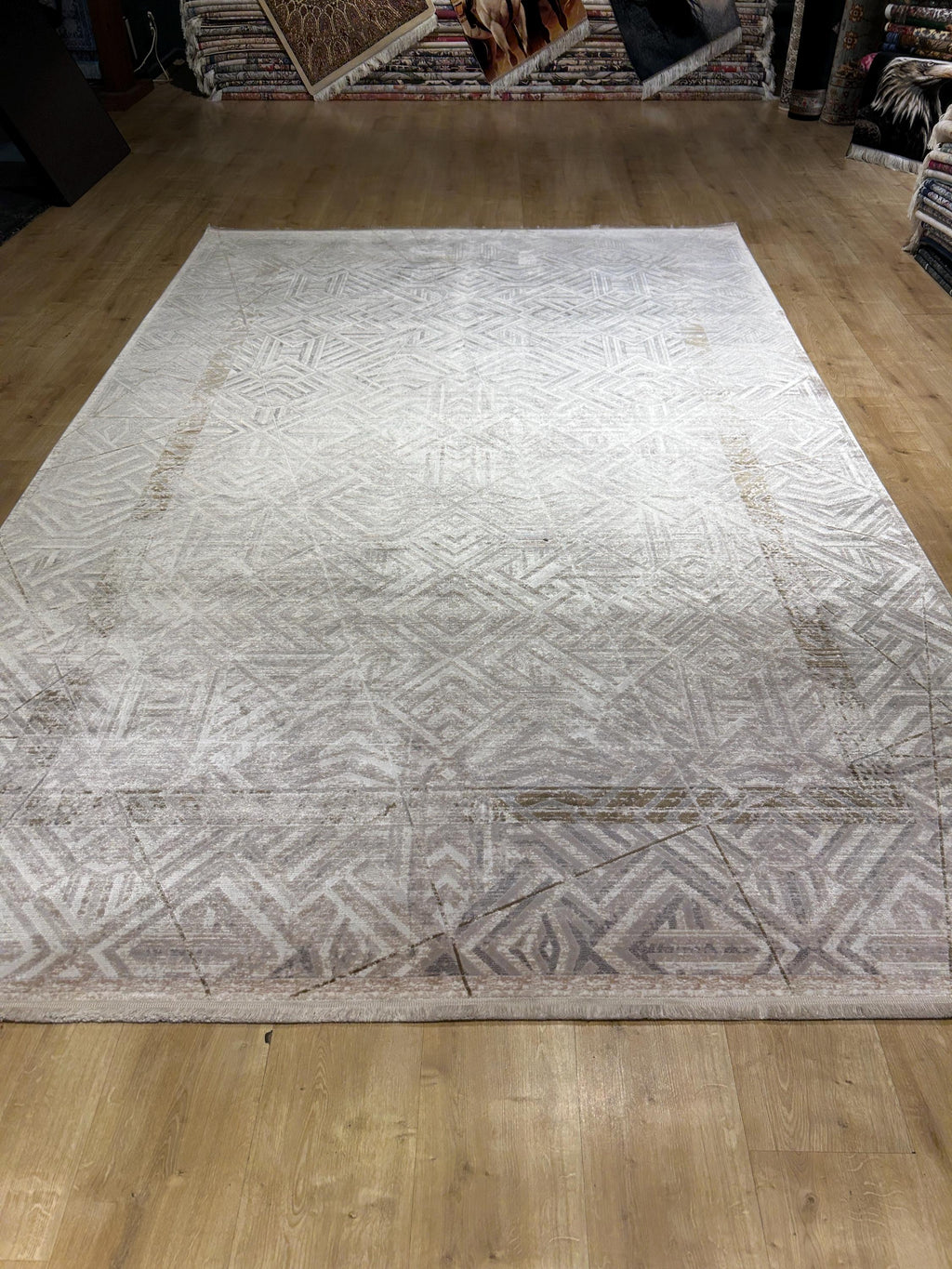 7x10 Ft Gray Beige Geometric Pattern Bamboo Rug, Bamboo Carpet, Modern Home Decor