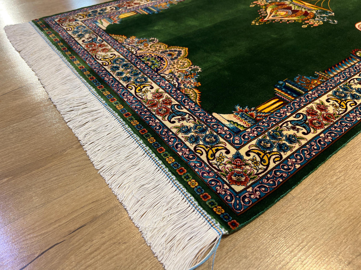 Green Modal Silk Prayer Rug, Luxury Muslim Gift Mat (2.62X4.10 ft) Janamaz Mat