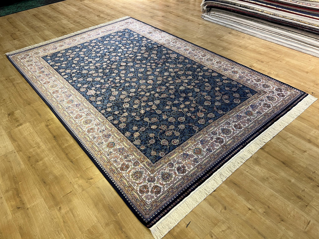 7x10 ft Blue Silk Bamboo Rug with Ivory Border and Gold Pattern, Classic Design