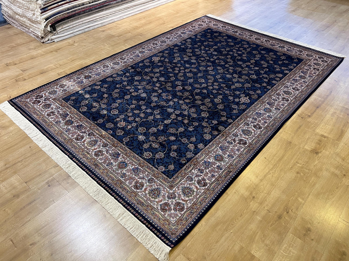 7x10 ft Blue Silk Bamboo Rug with Ivory Border and Gold Pattern, Classic Design