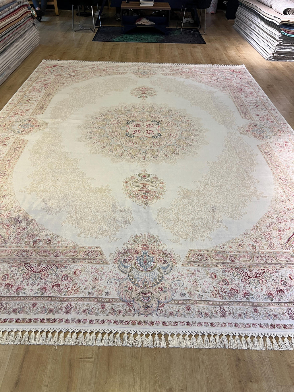 Ivory Bamboo Silk Rug 10x13 ft, Elegant Large Area Rug with Classic Medallion Pattern