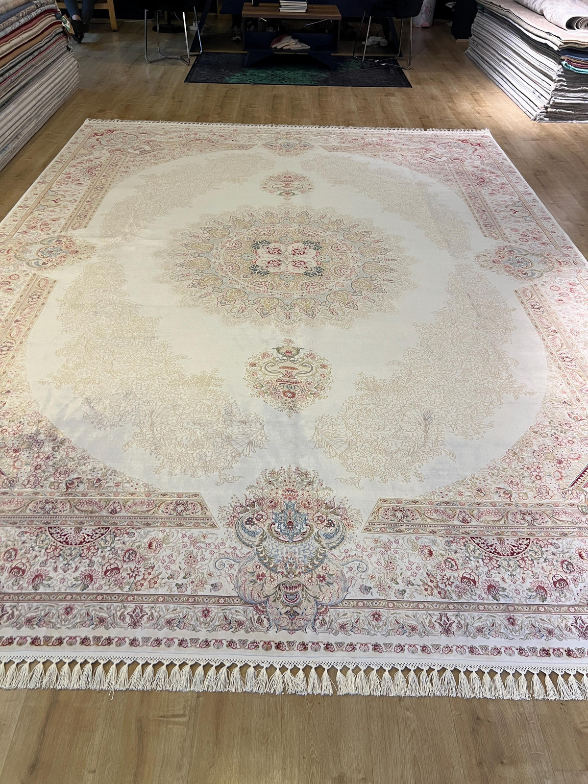 Ivory Bamboo Silk Rug 10x13 ft, Elegant Large Area Rug with Classic Medallion Pattern